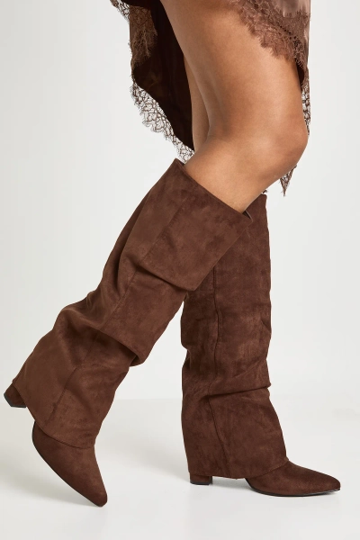 Faux Suede Slouchy Knee High Fold Over Boots