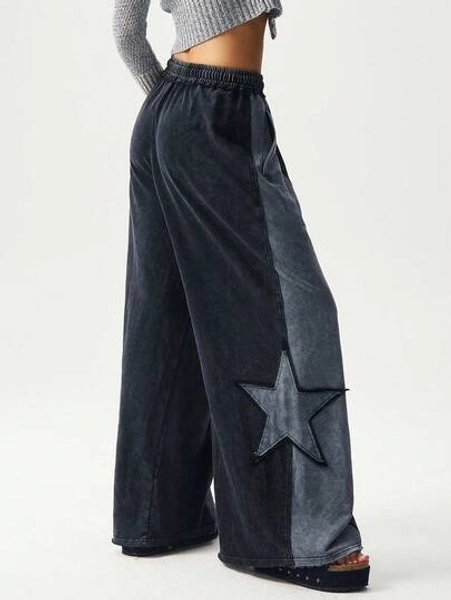Bohemela Women's Casual Patchwork Loose Wide Leg Washed Knit Sweatpants, Suitable For Autumn, Halloween, Christmas, Music Festivals