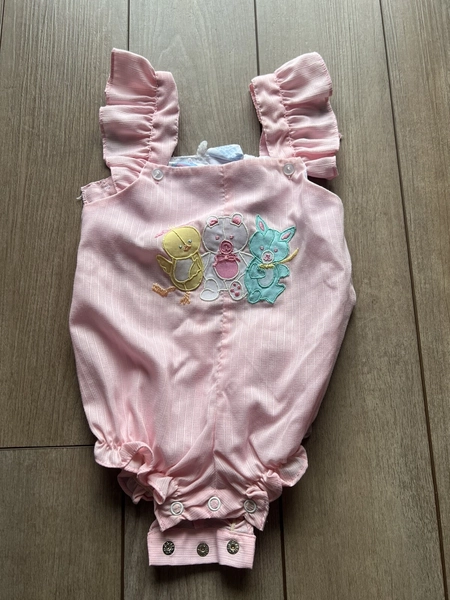 Infant VINTAGE 80s Mine Alone Bubble Ruffle Romper 6/9M Duck Bear Pig Applique
