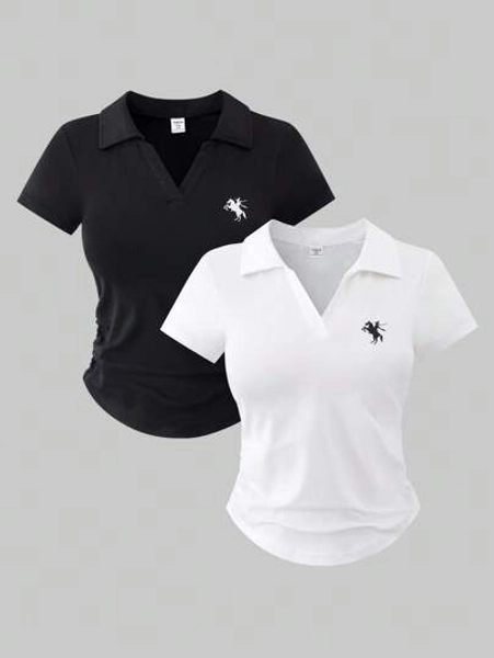 2pcs/Set Girls' Casual V-Neck Embroidered Solid Color Fitted T-Shirt, Multi-Color Combination, Suitable For Spring/Summer Travel And Shopping, Fashionable Item