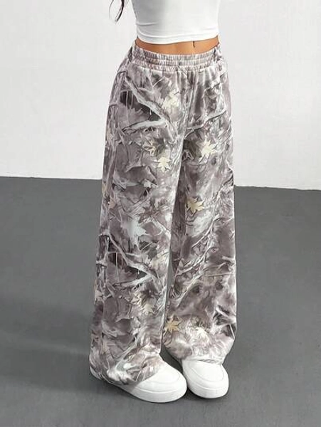 SHEIN PETITE Western Wear Women 's Branch Print Loose Sweatpants For Summer