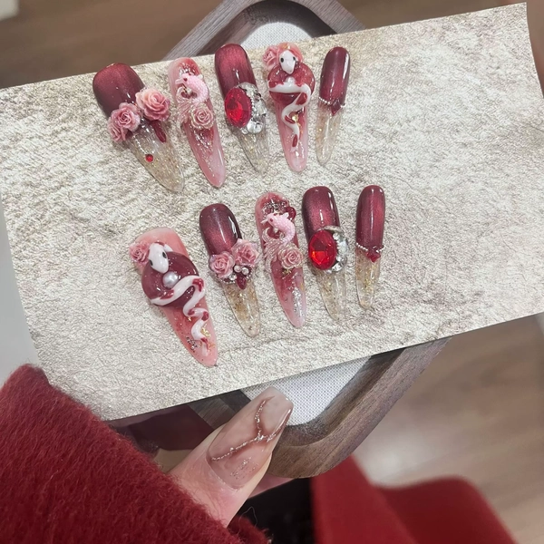 Red Handmade Stiletto Nails Full Cover Lucky Snake Rhinestone Rose Wearable Artificial Almond Acrylic Manicure with Tools 10Pcs