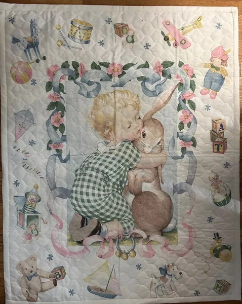 Vtg 35”X 45" Baby Quilt Blanket (2 sided) Satin edges-Baby &amp; Bunny &amp; Old Toys