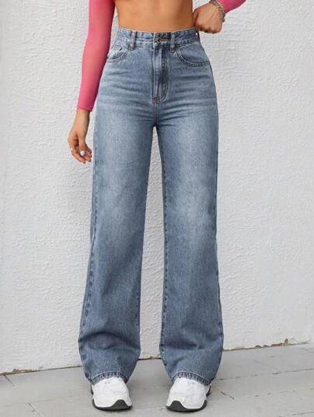 Jeanoix Women Simple Daily Solid Color Button Decoration Jeans