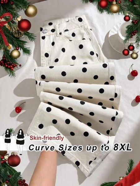 SHEIN CURVE+ Plus Size Women Polka Dot Print Pocket Wide Leg Loose Casual Jeans, Christmas Denim,Christmas,New Year ,New Year Clothes,Plus Size Elastic Waist Polka Dot Denim Jeans,Plus Size Black Polka Dot Jeans,Polka Dot Print Denim Pants Plus Size,Winter Street Style Polka Dot Denim Plus Size,Gift Idea Polka Dot Plus Size Jeans,Inclusive Fit Polka Dot Elastic Waist Jeans,Christmas Party Ready Plus Size Polka Dot Jeans,New Year's Eve Polka Dot Denim Statement,Festive Polka Dots For Holiday Season,Polka Dot Street Style Winter 2025