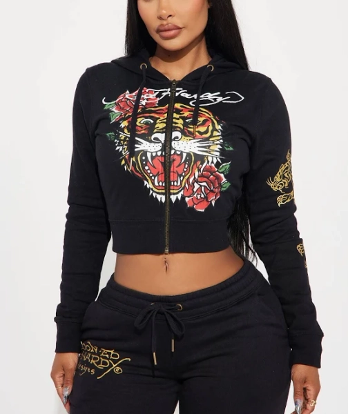 Fashion Nova Women's Ed Hardy Retro Tiger Zip Front Hoodie