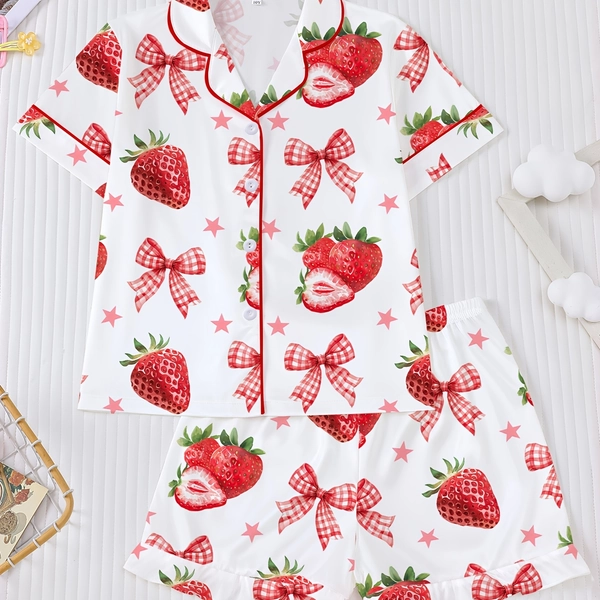 [Children's Pajamas Set] 2pcs Set of Children's Pajamas, Flame Retardant Cardigan Short Sleeved Shirt and Elastic Waist Shorts Set, Printed Strawberry and Pentagram, Red and White Checkered Bow Print, Suitable for Children's Daily Family and Outdoor Gatherings
