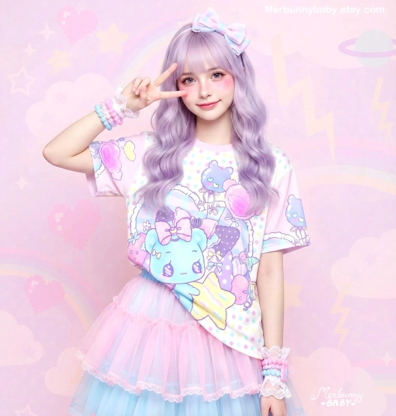 Blue star bear - Unisex T-shirt - (Eco-friendly fabric) cute, fairy kei, yume kawaii, pastel colorful polka dots, harajuku jfashion - ET24