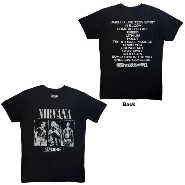 Nirvana Unisex Carbon T-Shirt Nevermind Tracklist (Black) (Back Print)