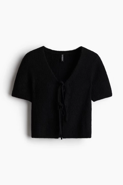 Tie-Detail Rib-Knit Top - black