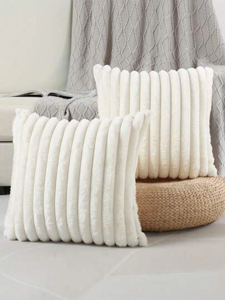 1pc Solid White Stripe Light Luxury And Luxurious Style Rabbit Plush Pillow Case Creative Home Fabric PillowCushion.Delicate And Breathable, Skin Friendly And Soft, Warm And Happy,  Suitable For Wedding Birthday Themed Party , Sofa, Chair,Living Room, Bedroom, Office, Outdoor, Camping, Terrace,Automobile Decoration.Friends And Family Festival Gifts, High-End Taste.18*18inch.