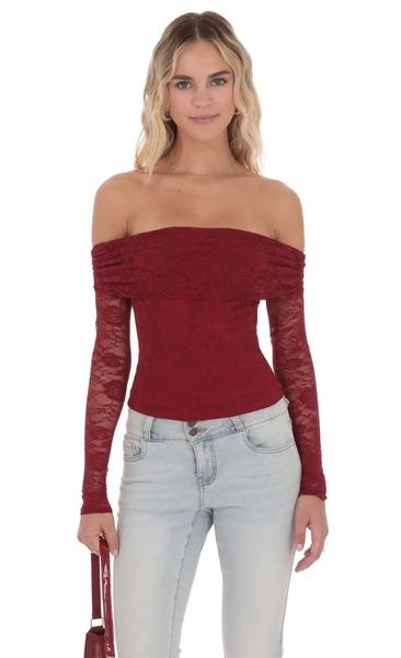 Lace Off Shoulder Top in Burgundy | LUCY IN THE SKY
