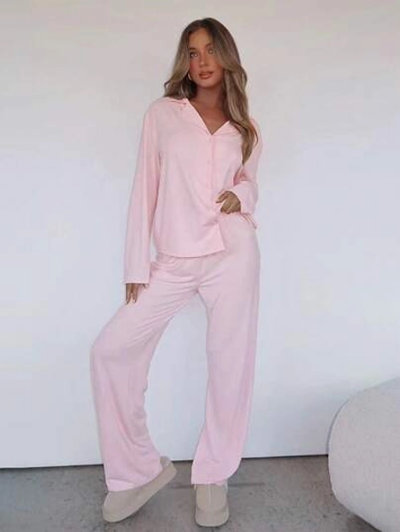 Women Fall And Winter Home Comfort Two-Piece Long-Sleeved Lapel Single-Breasted Top Straight Pants Solid Color Loose Casual Suit - Size L