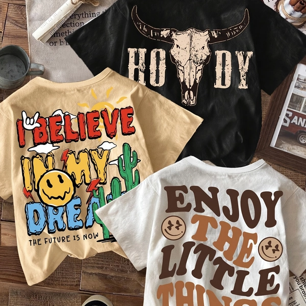 3pcs CHICFULL Boys' Graphic T-Shirts - "Enjoy the Little Things" & "Believe in Myself" Designs, Casual Crew Neck, Short Sleeve, Spring/Summer Collection, Regular Fit, Black, Beige, White, Perfect for Casual Attire, Casual Wear Tee | Playful Graphic Tee | Comfortable Fit, Boy T Shirt