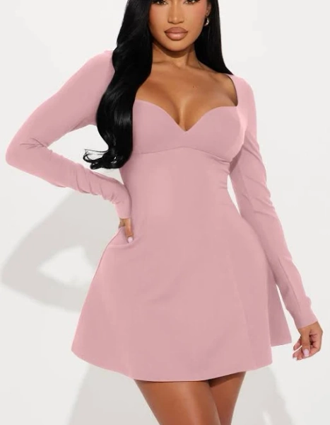 Fashion Nova Amelia Double Lined Ponte Notch Neck Long Sleeve Mini Dress