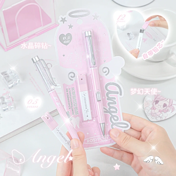 Angel Automatic Lead Set High Appearance Girl Heart Shiny Crystal Pen Holder 0.5HB Student Button Pencil and Lead Core - AliExpress 21