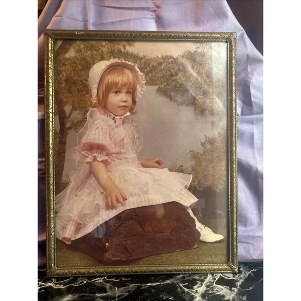 Vintage Photogh 1960/70's Little Girl in Pink Dress 10x13 in Metal Frame