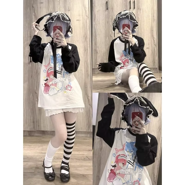 Long Sleeve Japanese Y2K Female Cute Subculture Shirt Loose 2024 Spring Anime Print Top Black White Patchwork Casual Shirts - AliExpress 200000345