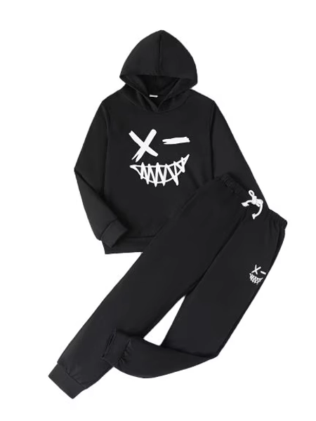 Okgogo Kid Boys Fall Winter Outfits Black "X - Eyed Grin" Print Long Sleeve Pullover Hoodie and Joggers Set 2Pcs Casual Clothes