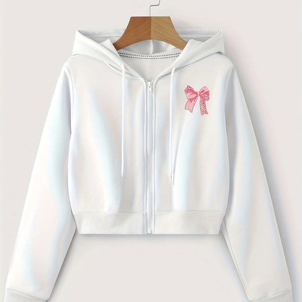 Casual Fashion Printed Autumn-Winter Short Zip-Up Hooded Sweatshirt with Pink Leopard Print Bow on Chest
