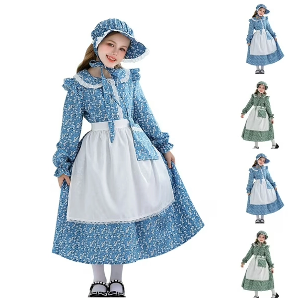 MKOSPLRT Pioneer Dresses for Girls Prairie Dress Long Colonial 1800s Girls Victorian Dress Long Sleeve Maxi Dress with Bag Apron