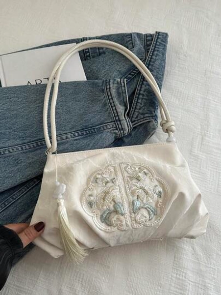 Fashionable Solid Color Pleated Cloud Bag Embroidered Fringe Shoulder Bag, Suitable For Shopping, Wallet, Shopping, Young Women, College Students, Newcomers, White-Collar Workers. They Are Very Suitable For Offices, Universities, Work, Business, Commuting, Outdoor, Travel, And Outings