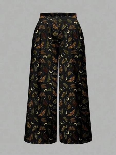 Spring Vacation Graphic Black Gothic Romantic Dark Moth & Plant Print Plus Size Wide Leg Loose Pants