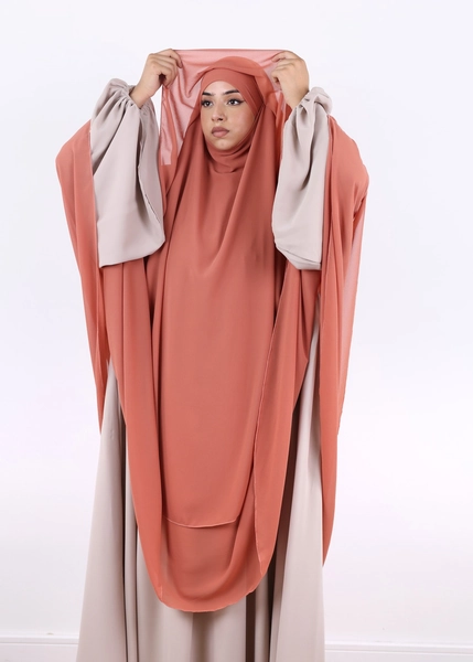 2 Layer Khimar with Cape Chiffon Coral - Ina Collection