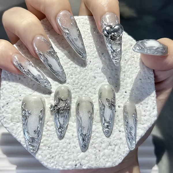Gradient Silver Vine Gilt Heart Long Tip Handmade Designer Press On Nails Stars Butterfly Diamonds Fake Nails Y2K Cool Nail Art - AliExpress 