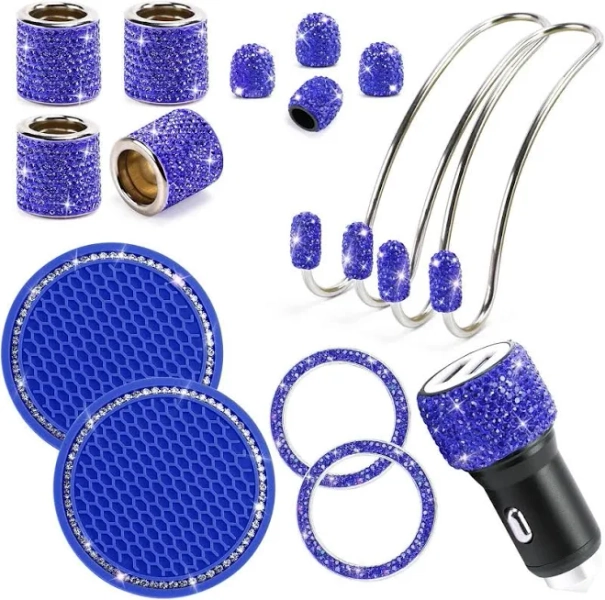 ToBeQueen 15 Pack Blue Bling Car Accessories Set