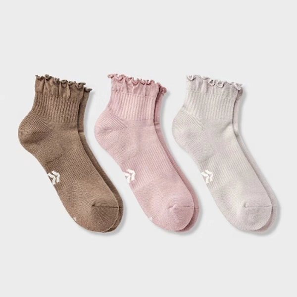 Women's Cushioned Ruffle 3pk Ankle Socks - All In Motion™ Pink/Gray/Brown 4-10: Arch Support, Knit
