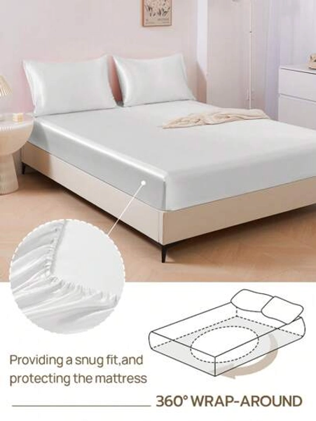 1pc White Luxury Silky Satin Fitted Sheet, Fits Mattress Depth 15-17 Inches, Soft & Breathable, Wrinkle-Resistant, Improves Sleep Quality, Elegant Hotel Style, Full Wrap-Around Elastic Band, Deep Pockets, Suitable For Twin, Full, Queen, King Beds. Suitable For Home & Dorm Bedding, Oeko-Tex Certified.