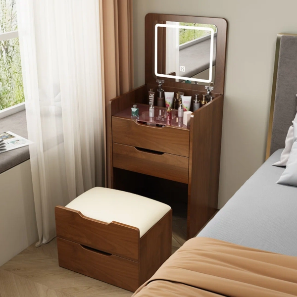 Ebern Designs 3 Drawers Vanity Desk with Plip Top Mirror,Small Make Up Vanity Set with Visible Glass Desktop | Wayfair