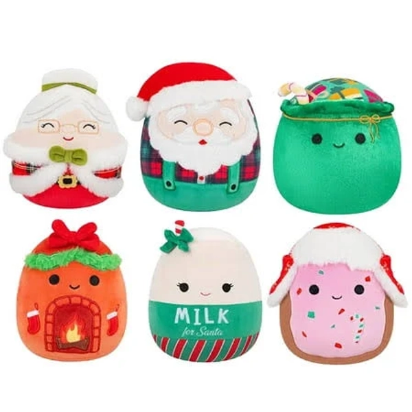 Squishmallows 5-Inch Christmas Holiday 6-Pack Santa Claus, Mrs. Claus, Gift Sack, Red