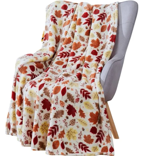 Fall Decor Throw Blanket: Soft Warm Autumn Leaves and Berries in Red Yellow Brown Beige Colors for Living Room Couch Bed Chair Dorm
