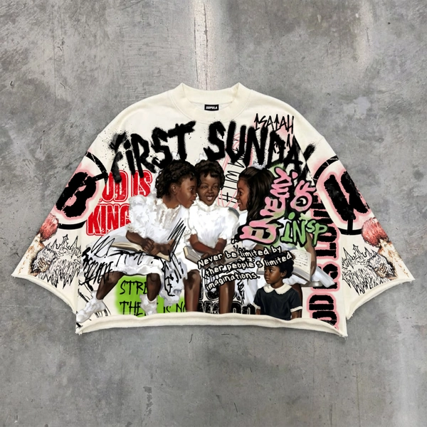 Sopula First Sunday Vintage Jesus Religious Print Boxy Crop T-shirt
