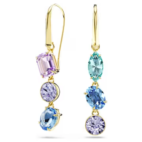 Gema drop earrings, Asymmetrical design, Mixed cuts, Multicolored, 18K gold finish