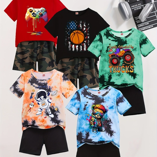 [Hot-Selling Boys' Summer Set] 10pcs Boys' Summer Set | Cartoon Printed Short-Sleeved T-Shirt + Matching Shorts, Casual Suit - Perfect for Outdoor