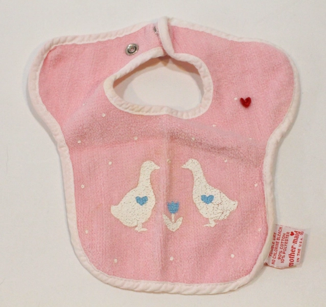 Vintage 1980s Baby Terry Cloth Bib Mother Maid Pink w/ Goose Geese Hearts Flower