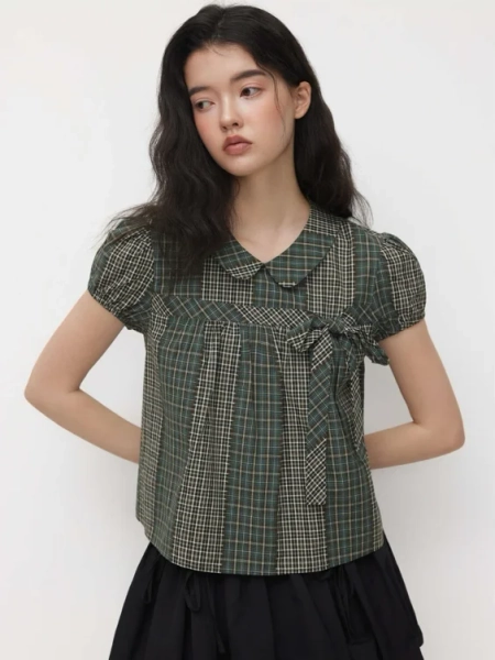 100% COTTON PETER PAN COLLAR CHECK BOWKNOT OVERSIZED BLOUSE