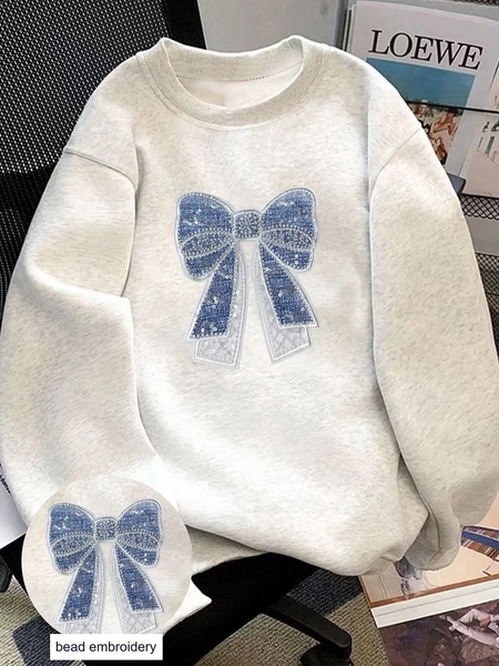 Resyla Women's Sweatshirt With Denim Effect, Bow, Embroidery And Studded Details