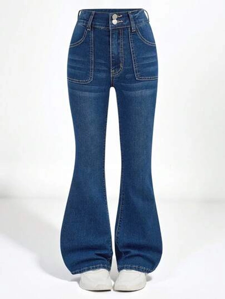 SHEIN Tween Girls Y2K Flare Jeans, Dark Wash Denim, Stretchy & Comfortable Fabric, Flattering Leg Silhouette, Back Pocket Flap Design, Retro Versatile Jeans, Must-Have Item For Fashionable Girls, Minimalist Denim For Daily OOTD, Travel, Parties, New 2025 Collection