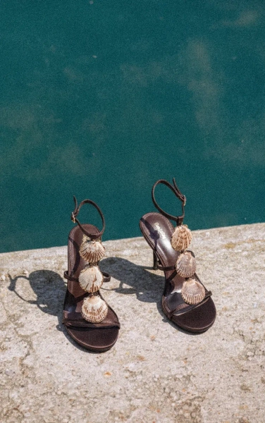 Satin Shell Trim Caged Heeled Sandals