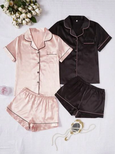 4pcs Collared Short Sleeve & Shorts Faux Silk Pajama Set