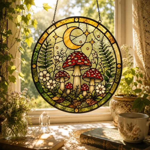 Mushroom Stained Glass Suncatcher, Round Moon Window Hanging, Cottagecore Botanical Wall Decor, Celestial Forest Gift, Witchy Decor