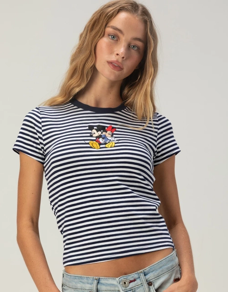 DISNEY Minnie And Mickey Womens Embroidered Stripe Baby Tee - STRIPE