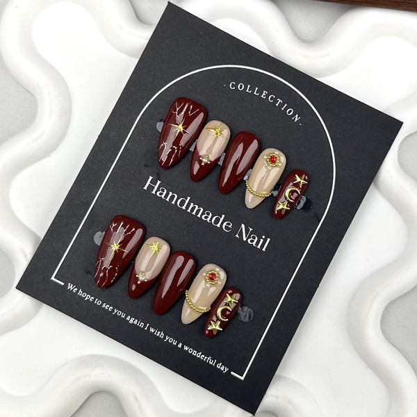10pcs Nude Wine Red Press On Nails With Pearl Star Moon Shaped Almond Fake Nails For Women And Girl Nail Salon Detachable