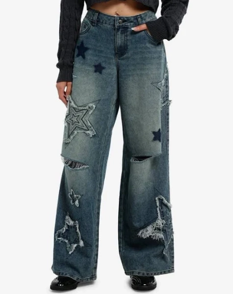 Indigo Vintage Wash Girls Wide Leg Jeans with Star Patch