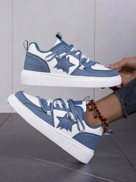 Youth & Teenage Fashionable Five-Pointed Star Vintage Canvas Patchwork Casual Sneakers, Outdoor Lightweight Non-Slip Lace-Up Shoes, Black & White, Suitable For Teens & Friends