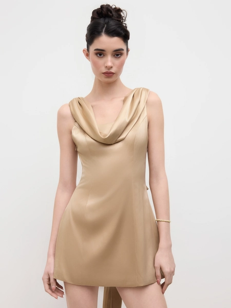 Satin Cowl Neck Bowknot Mini Dress